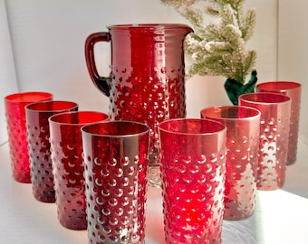 Vintage Anchor Hocking Royal Ruby Red Hobnail Glass Set: Pitcher & 8 Juice Glasses
