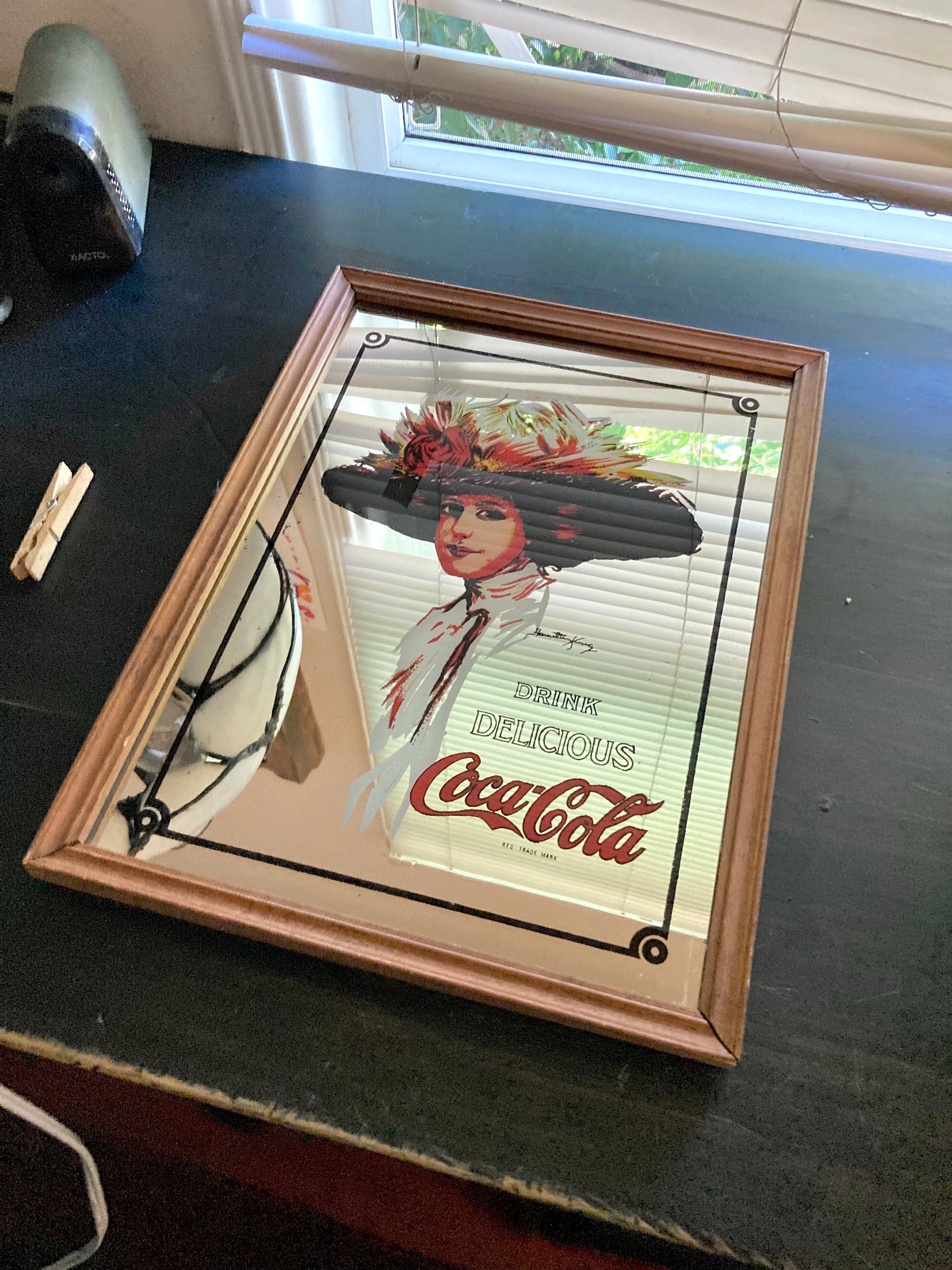 Vintage Coca Cola Mirror: Victorian Lady With Hat, Wood Frame (16