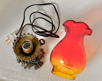 Vintage Amberina Crackle Glass Hurricane Lamp: Brass Base, Ruffled