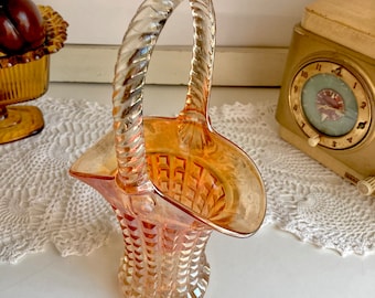 Vintage Imperial Marigold Carnival Glass Basket Vase: Waffle Block Pattern, Braided Handle