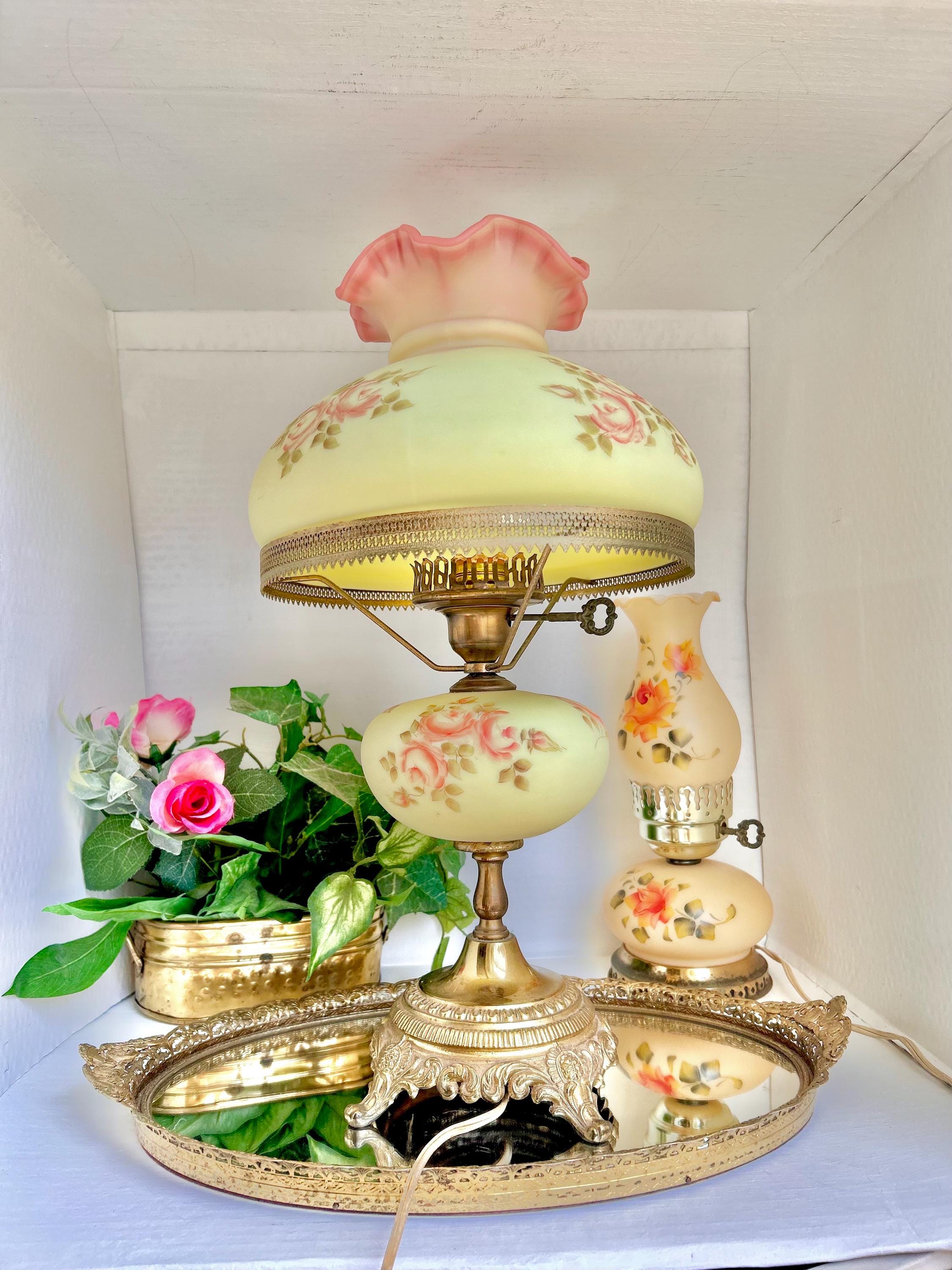 Vintage Fenton Burmese Glass Hurricane Lamp: Hand-painted Roses