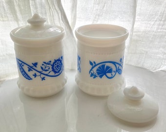 Pair of Vintage Hazel Atlas Milk Glass Lidded Jar - 1950s Blue Sweet Pea Pattern - Excellent Condition