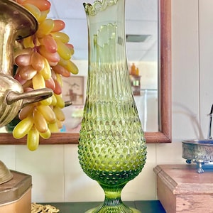 Mid Century 16.5&quot; Fenton Glass Swung Vase - Avocado Olive Green - 1960s Hobnail Wide Body Handmade Glass pedestal foot - Flawless