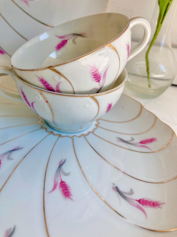 yamatake china 23㎝プレート　ピンク　50枚　洋食皿　26165 Vintage Yamaka Japan Porcelain Snack Set: Pink Wheat & Gold - Etsy