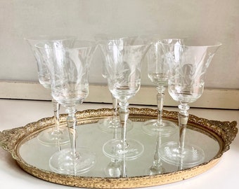 Set of 6 Vintage Etched Crystal Tall Wine Glasses - Elegant Crystal Glass Stemware