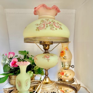 Vintage Fenton Burmese Glass & Brass Hurricane Lamp - GWTW Custard Uranium Satin Glass Shade Hand-painted w Pink Roses, Crimped Ruffled Rim
