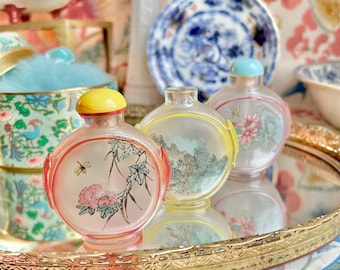 Vintage Chinese reverse Painted Carved Glass Snuff Bottles, 2-3 inch, Sold Individually