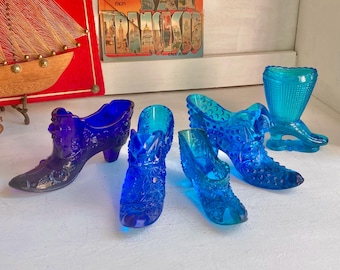 Vintage Blue Glass Slippers: Fenton, LE Smith, Hobnail, Daisy Button