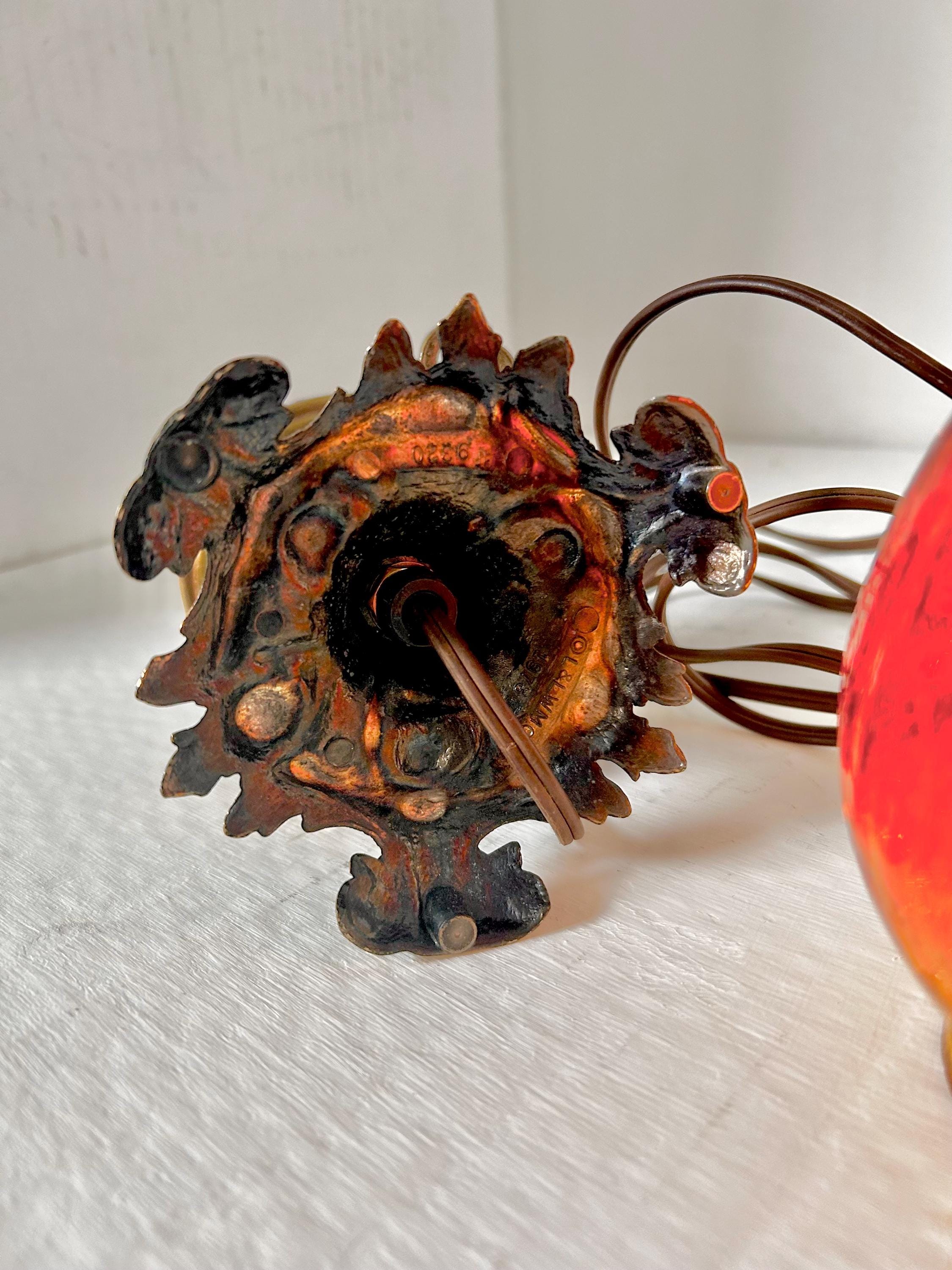 Vintage Amberina Crackle Glass Hurricane Lamp: Brass Base, Ruffled