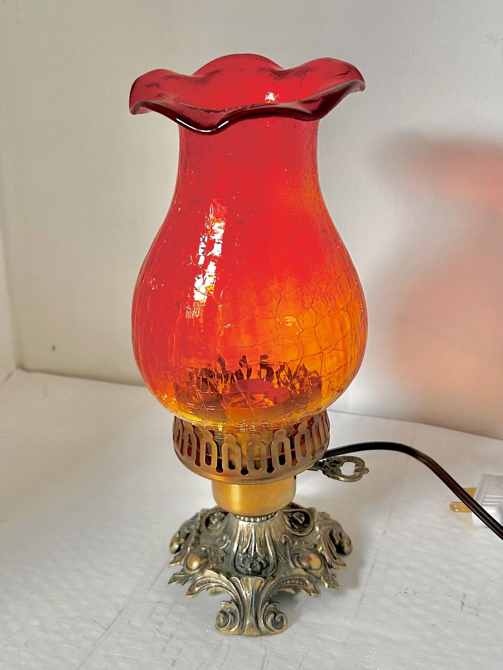Vintage Amberina Crackle Glass Hurricane Lamp: Brass Base, Ruffled