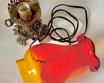 Vintage Amberina Crackle Glass Hurricane Lamp: Brass Base, Ruffled