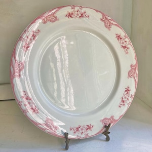 Może przedstawiać: Biały ceramiczny talerz obiadowy z różowym wzorem kwiatowym wokół krawędzi. Talerz stoi na ozdobnym stojaku.