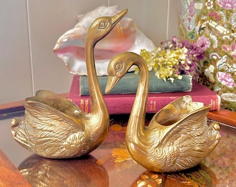 Pair of Vintage Brass Swan Planters