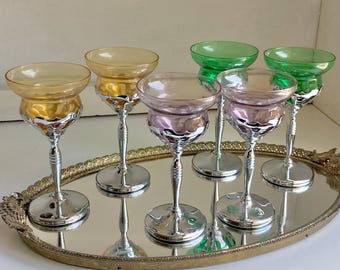 Cristalería de tallo cromado Farber Bros. de mediados de siglo: copas de cóctel Art Nouveau