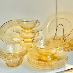 Vintage Yellow FOSTORIA Depression Glass - Etched Glass Dishes: June Topaz and Versailles Patterns - CHOOSE from Various Sets and Singles