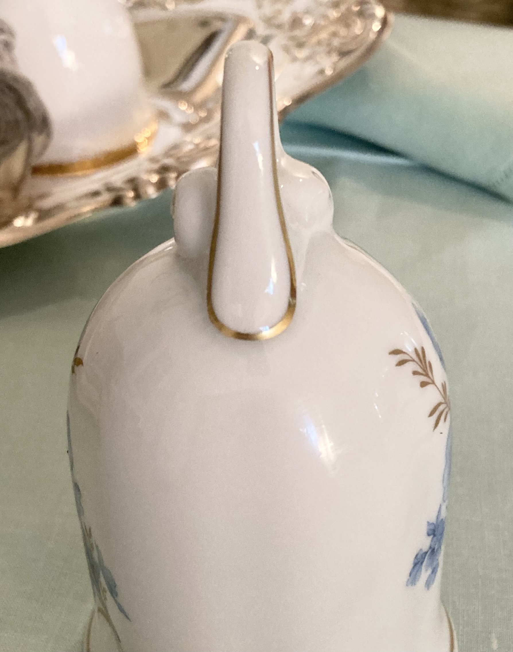 Vintage Porcelain Bell - Blue Flowers on White - Gold Trim