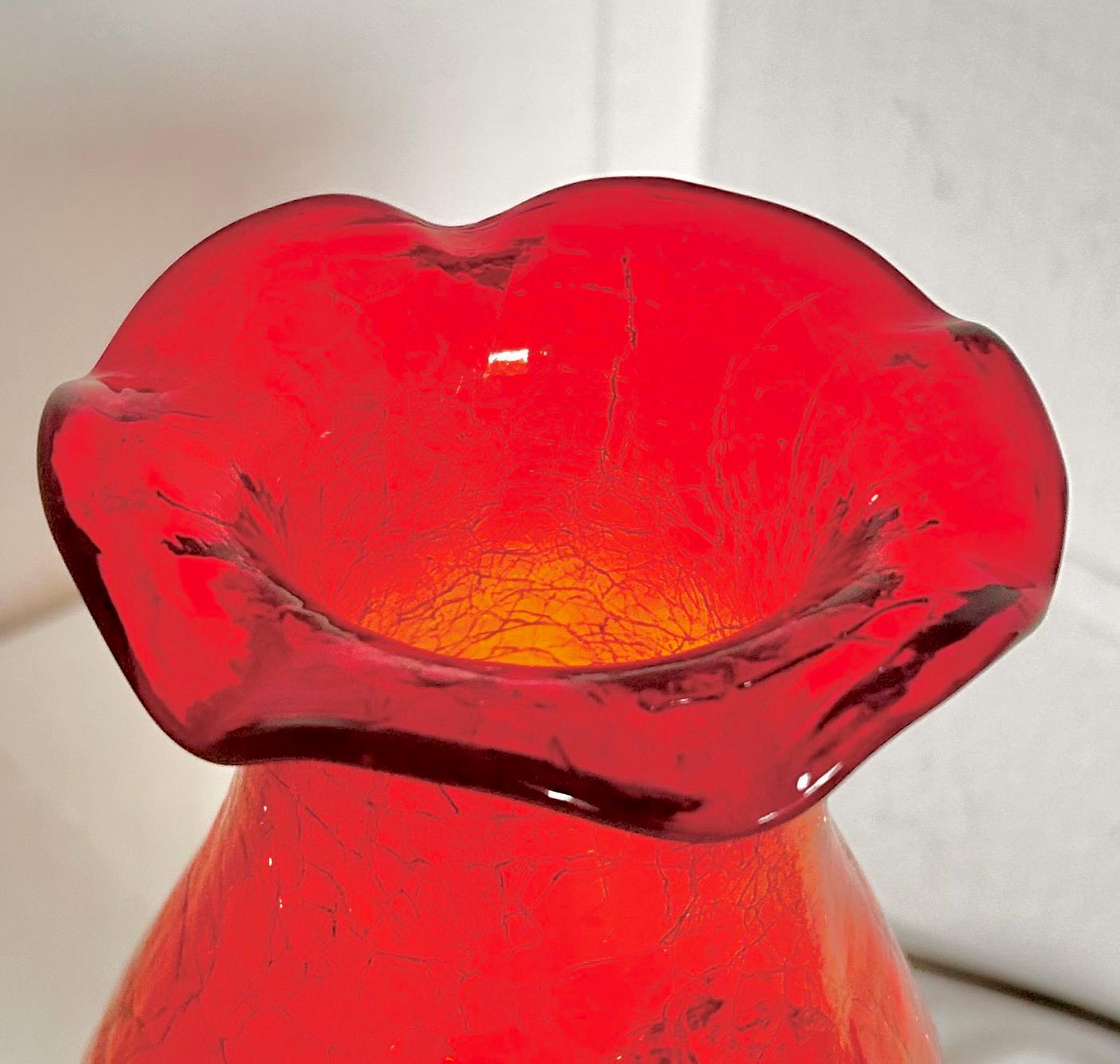 Vintage Amberina Crackle Glass Hurricane Lamp: Brass Base, Ruffled
