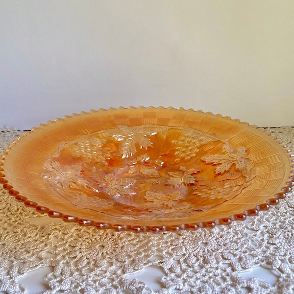 Antique Northwood Grape & Cable Basket weave Marigold Carnival Glass Plate with Sawtooth edge 9”