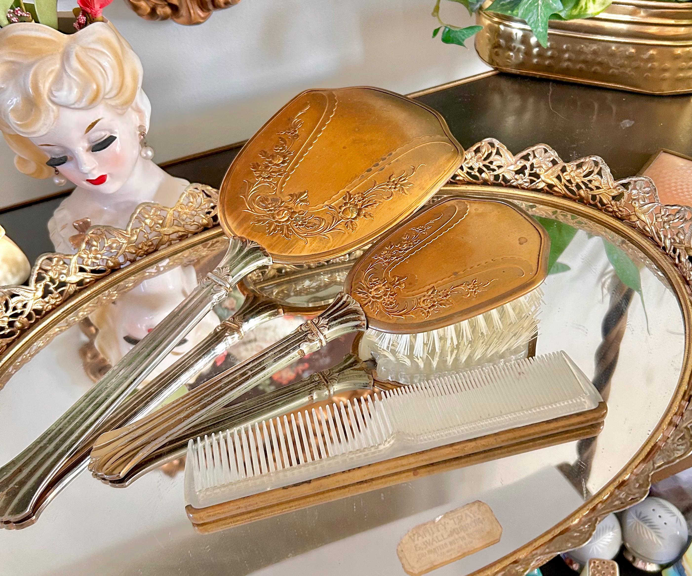 Vintage Silver Plated Hairbrush with Pink Rose Design Rose Antique US Sterling Silver Brushes & Grooming Sets for  main image 2