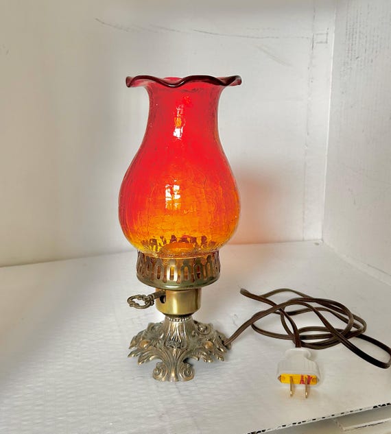 Vintage Amberina Crackle Glass Hurricane Lamp: Brass Base, Ruffled