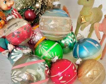 Vintage Stenciled Glass Christmas Ornament: Flocked and Glittered Holiday Bulbs, USA, West Germany