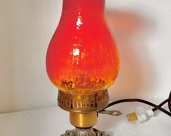 Vintage Amberina Crackle Glass Hurricane Lamp: Brass Base, Ruffled