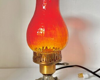 Vintage Amberina Crackle Glass Hurricane Lamp: Brass Base, Ruffled