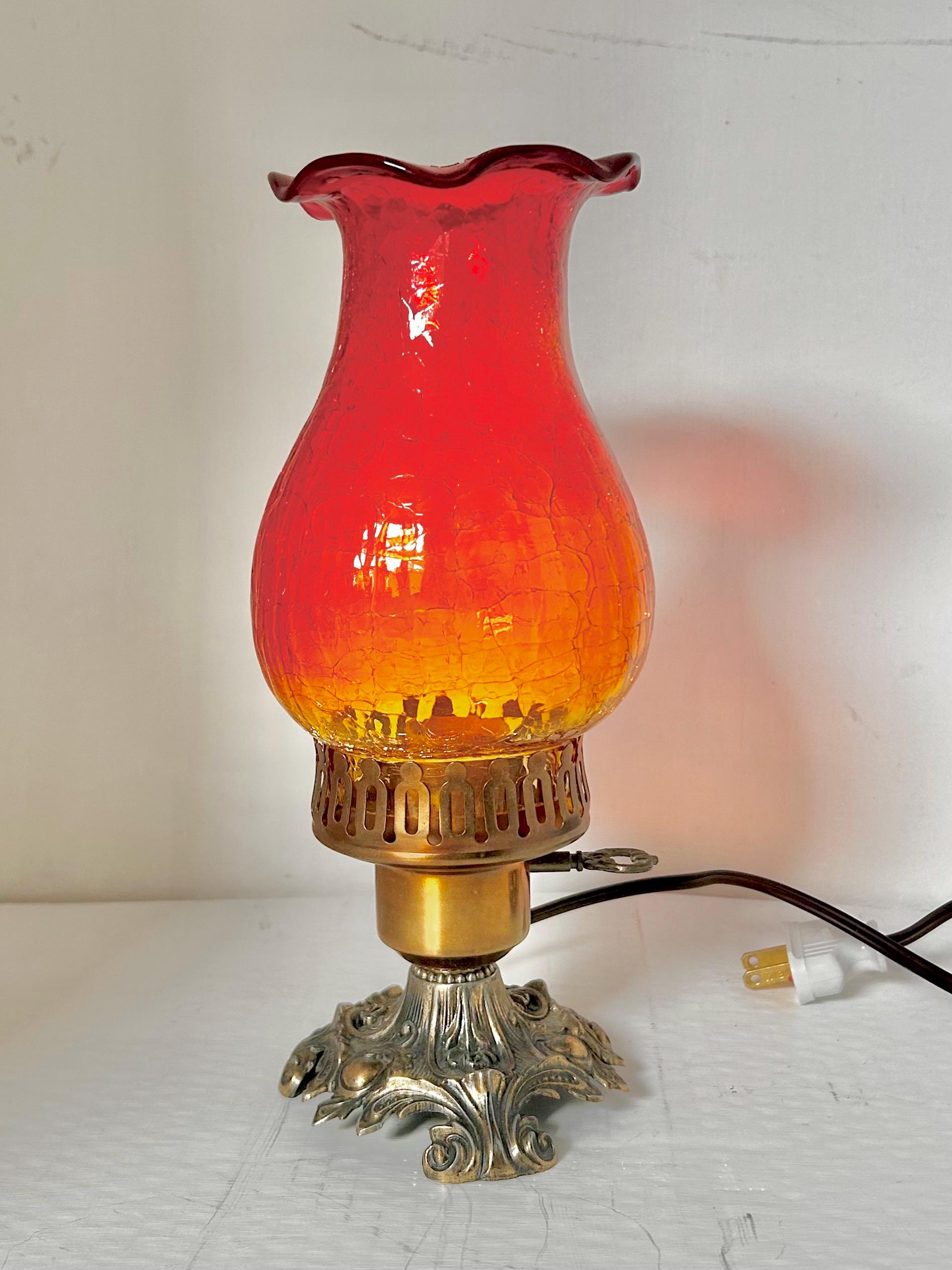 Vintage Amberina Crackle Glass Hurricane Lamp: Brass Base, Ruffled