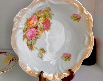 Vintage Bavarian Porcelain Bowl: Floral Appliqué, Luster Ruffled Rim