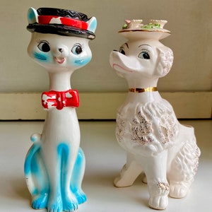 Vintage Ceramic Anthropomorphic Tall Cat and Fancy Poodle Dog - planters / containers Choose from Blue Cat or White Dog