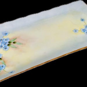 May include: Rectangular serving tray with a scalloped edge. The tray is painted with a pale yellow center and a light blue border. Clusters of blue flowers with green leaves are painted on the tray, and the edge is trimmed with gold.