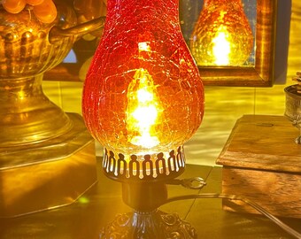 Vintage Amberina Crackle Glass Hurricane Lamp: Brass Base, Ruffled
