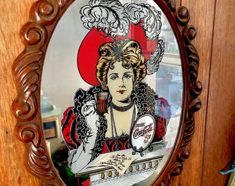 Vintage Coca Cola Mirror: Victorian Lady With Hat, Wood Frame (16