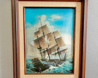 Vintage Lenticular Sailboat Art: 3D Hologram, Wood & Linen Frame