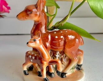 Vintage Ceramic Deer Planter: Mid-Century Doe and Fawn Flower Container