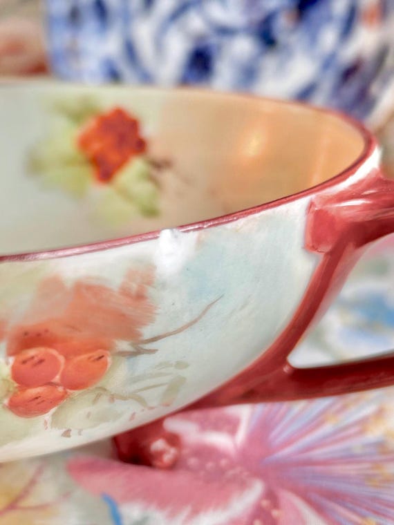 Antique MZ Austria Porcelain Footed Bowl: Hand-painted Harvest
