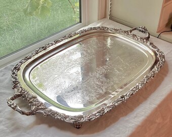 Vintage Silver plated Floral Garland Pattern, Two-Handled, Footed Service Tray - Extra large 30"