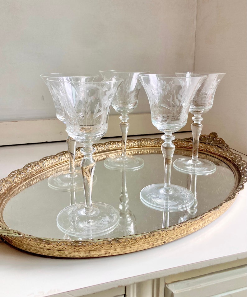 Set of 5 Vintage Etched Crystal Tall Cordial Glasses Elegant Crystal