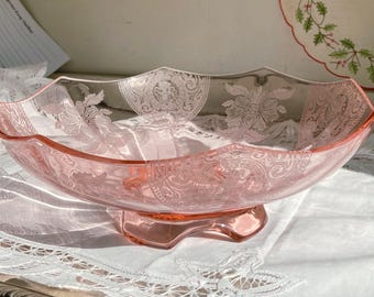 Pink Depression Glass Bowl - Etched Flowers, Dancing Nudes, Octagonal