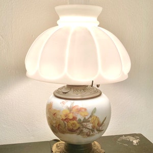Charming Vintage Converted Brass Oil Lamp -  Painted Milk Glass base Milk Glass Shade - Very Good Condition