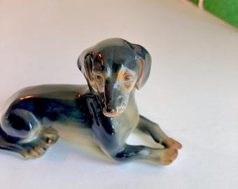 犬型陶器置物 ミントグリーン ヴィンテージのドイツ製陶器製犬の置物 - 手描きの本物そっくりの