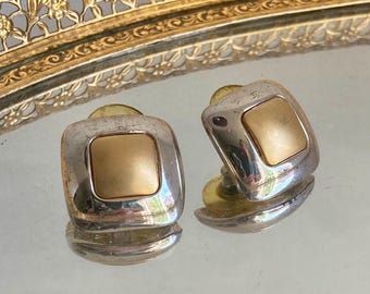 1980s Two-Tone Square Earrings: Gold & Silver Tone