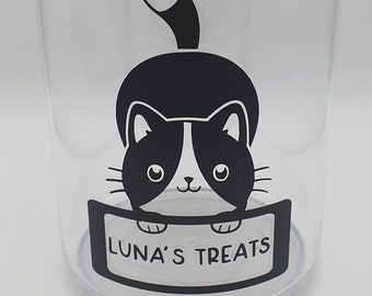 Tarro de golosinas para gatos - Recipiente de plástico transparente con tapa de pescado