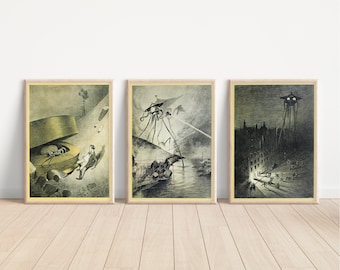 H. G. Wells - War Of The Worlds Illustrations - Mural 3 x A3/A4 Unframed Prints