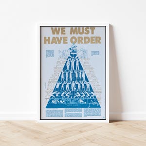 Puede incluir: Un póster enmarcado con el texto "WE MUST HAVE ORDER" en letras doradas. El póster presenta un gráfico azul y blanco de una pirámide con figuras y texto. El póster se muestra en una pared blanca sobre un suelo de madera.