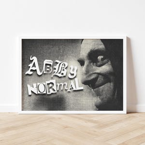 May include: A framed monochrome print displaying the words "ABBY NORMAL" in a decorative font. The image shows a close-up of a man's face with a grimace, set against a textured backdrop.