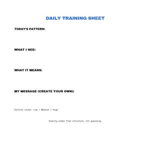 Könnte beinhalten: Ein weißes Blatt mit dem blauen Text "DAILY TRAINING SHEET" oben. Das Blatt enthält Aufforderungen für "TODAY'S PATTERN", "WHAT I SEE", "WHAT IT MEANS" und "MY MESSAGE (CREATE YOUR OWN)." Zusätzlicher Text lautet "Control Level: Low / Medium / High" und "Clarity comes from structure, not guessing."