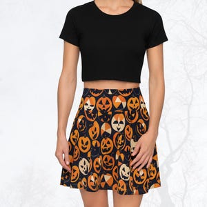 Halloween Pumpkin Skater Skirt, Spooky Chic Outfit, Orange Black Retro Pop Art Skirt, Pumpkin Print Skirt, Fall Fashion, Cosplay Skirt