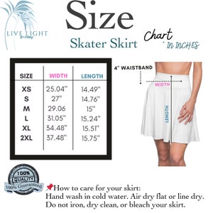 May include: Size chart for a skater skirt in inches. The chart shows the width and length of the skirt in inches for sizes XS to 2XL. The chart also shows a 4-inch waistband. The skirt is white and is shown on a model.