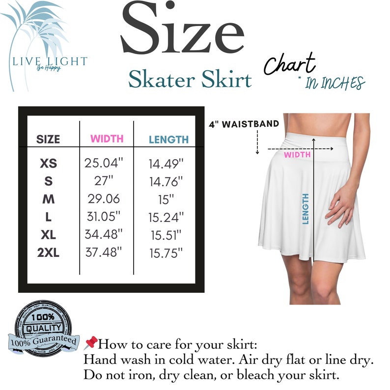 May include: Size chart for a skater skirt in inches. The chart shows the width and length of the skirt in inches for sizes XS to 2XL. The chart also shows a 4-inch waistband. The skirt is white and is shown on a model.